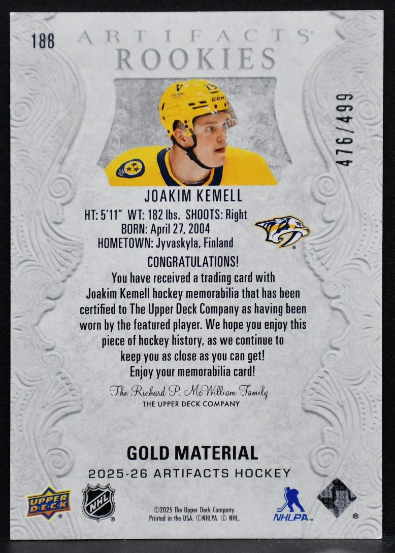 2025-26 UD Artifacts Joakim Kemell 188 Nashville Predators RC 476/499 Jersey