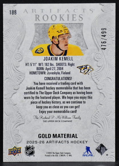 2025-26 UD Artifacts Joakim Kemell 188 Nashville Predators RC 476/499 Jersey