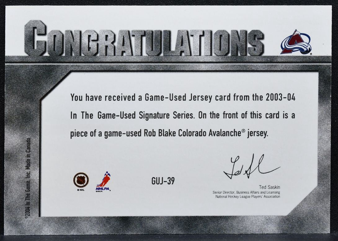 2003-04 ITG Used Signature Series Jerseys Rob Blake GUJ-39 Avalanche Jersey 1168