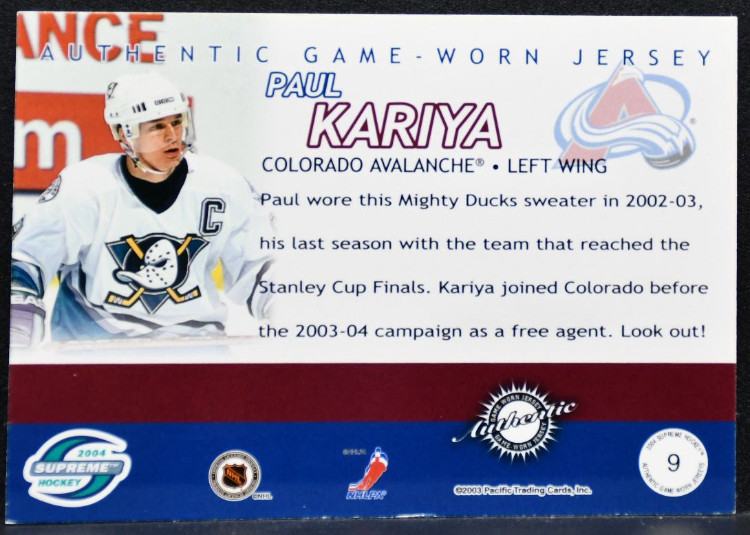 2003-04 Pacific Supreme Jerseys Paul Kariya 426/500 Jersey 7645