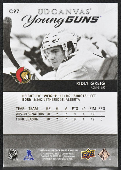 2023-24 UD Series 1 UD Canvas Young Guns Ridly Greig C97 Ottawa Senators RC 6453