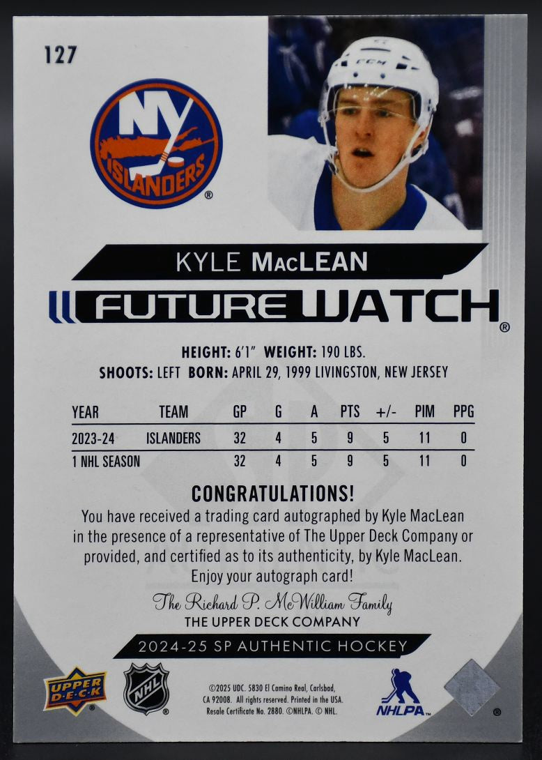 2024-25 SP Authentic Kyle MacLean 127 New York Islanders RC Auto 498/599