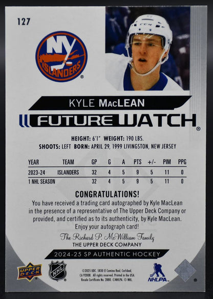 2024-25 SP Authentic Kyle MacLean 127 New York Islanders RC Auto 498/599