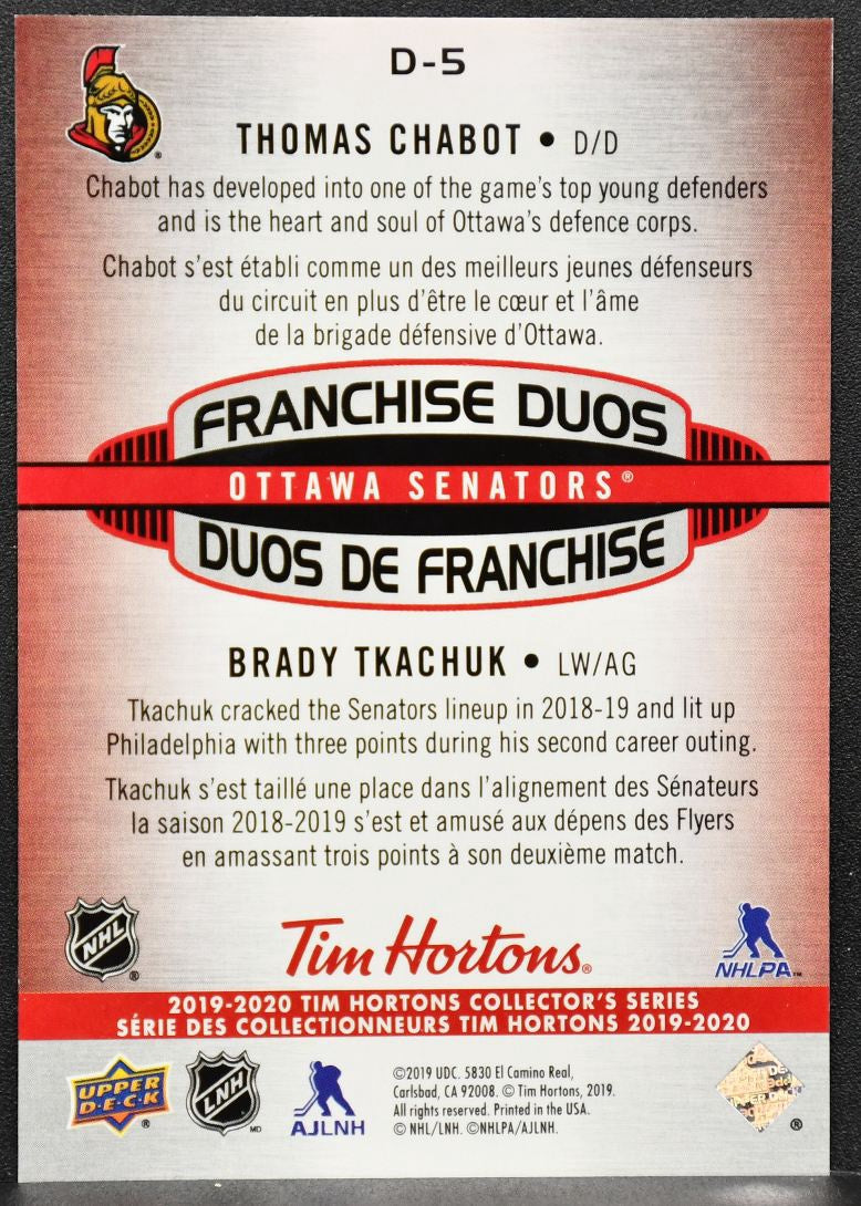 19-20 UD Tim Hortons Franchise Duos 3D Thomas Chabot/Brady Tkachuk D-5 Senators 4817