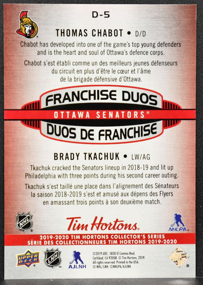 19-20 UD Tim Hortons Franchise Duos 3D Thomas Chabot/Brady Tkachuk D-5 Senators 4817