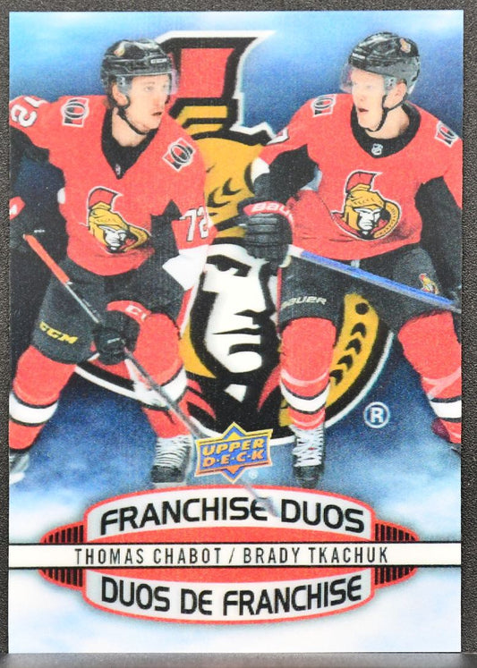19-20 UD Tim Hortons Franchise Duos 3D Thomas Chabot/Brady Tkachuk D-5 Senators 4817