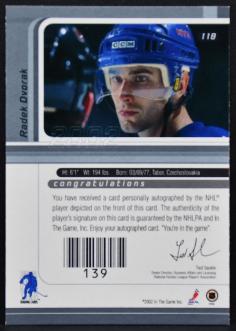 2002-03 Be a Player Auto Series Autograph Radek Dvorak 118 Rangers Auto 7907