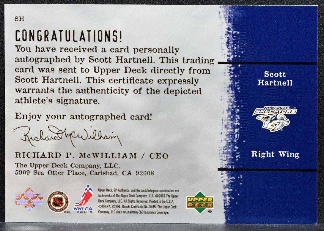 2001-02 SP Authentic Sign of the Times Scott Hartnell SH Predators Auto 7460
