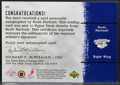 2001-02 SP Authentic Sign of the Times Scott Hartnell SH Predators Auto 7460