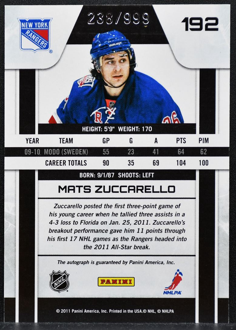 2010-11 Panini Zenith Rookie Auto Mats Zuccarello Rangers RC Auto 238/999 1085