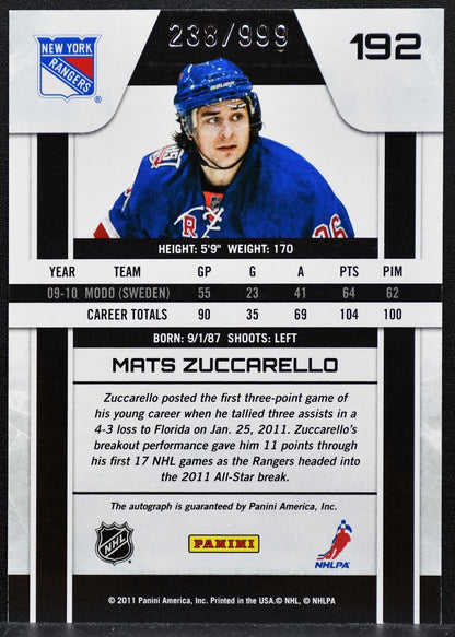 2010-11 Panini Zenith Rookie Auto Mats Zuccarello Rangers RC Auto 238/999 1085