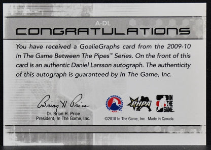 2009-10 In The Game Between Pipes Authentic Goaliegraph Daniel Larsson Auto 0664