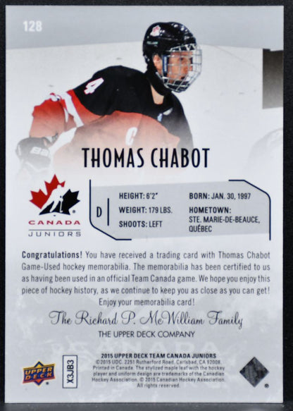 2015-16 UD Team Canada Juniors Base Jerseys Thomas Chabot 128 Canada Jersey 4231