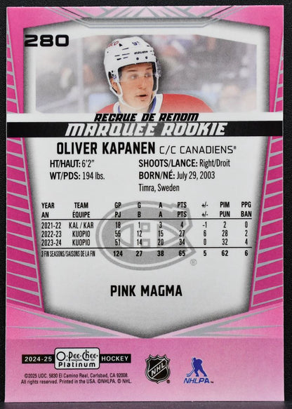 2024-25 OPC Platinum Marquee Rookie Pink Magma Oliver Kapanen Canadiens RC 0764