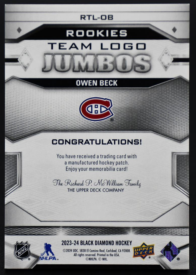 2023-24 UD Black Diamond Rookies Team Logo Jumbos Owen Beck RTL-OB RC Patch #1