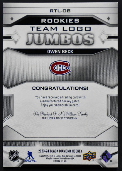 2023-24 UD Black Diamond Rookies Team Logo Jumbos Owen Beck RTL-OB RC Patch #1