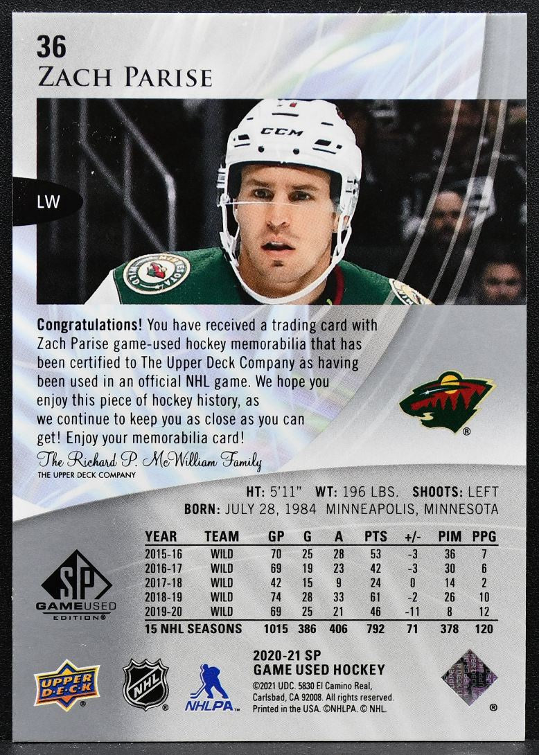 2020-21 SP Game Used Silver Jersey Zach Parise 36 Minnesota Wild Jersey 9439