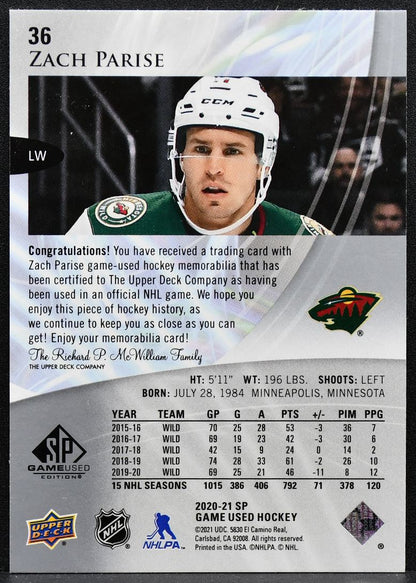 2020-21 SP Game Used Silver Jersey Zach Parise 36 Minnesota Wild Jersey 9439