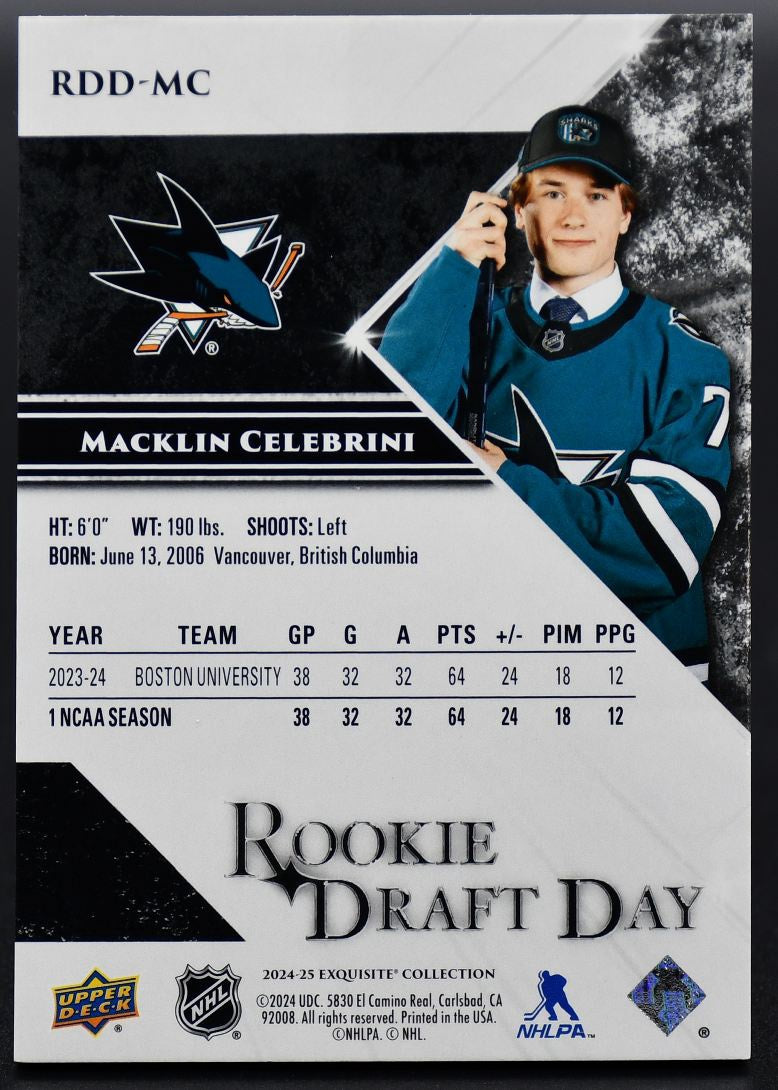 2024-25 UD Black Diamond Macklin Celebrini RDD-MC San Jose Sharks RC 330/349
