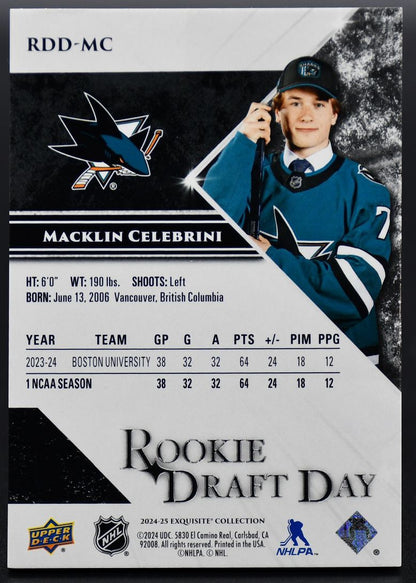 2024-25 UD Black Diamond Macklin Celebrini RDD-MC San Jose Sharks RC 330/349