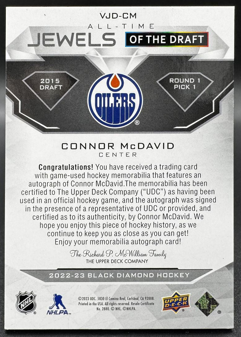 2022-23 UD Black Diamond Jewels of the Draft Auto Patch Connor McDavid /25