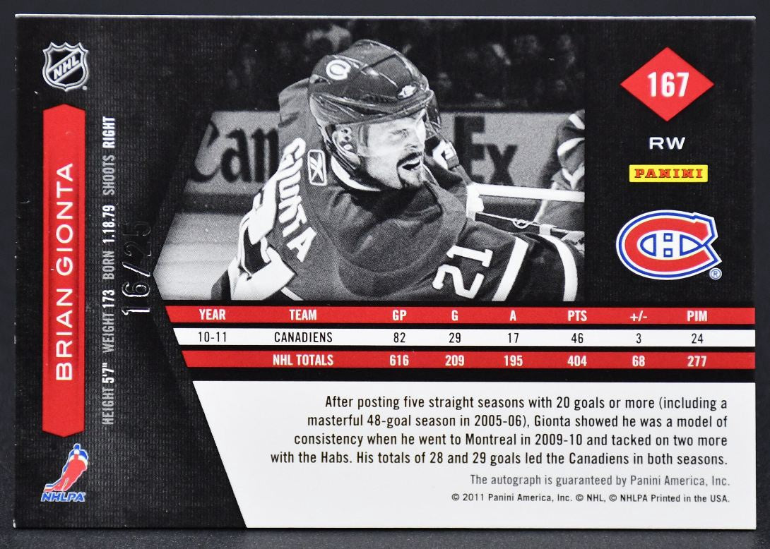 2011-12 Panini Limited Auto Brian Gionta 167 Auto 16/25