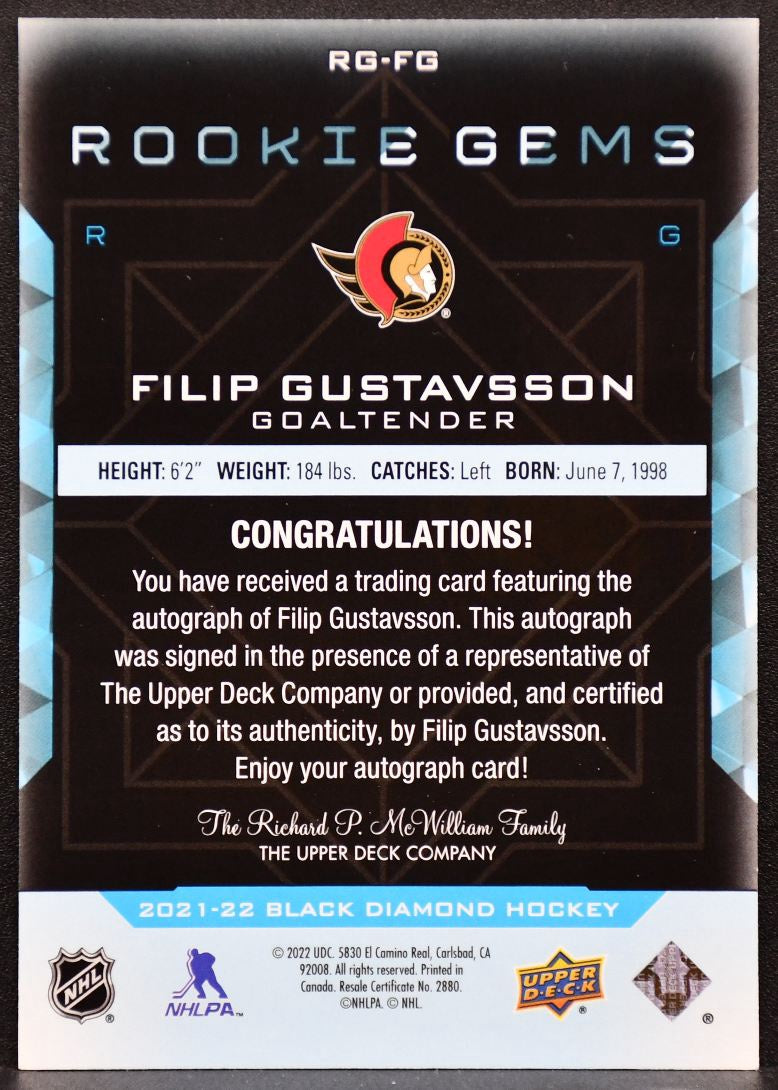 2021-22 UD Black Diamond Rookie Gems Pure Signatures Gustavsson RC Auto 0794