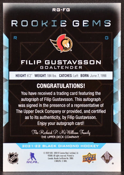 2021-22 UD Black Diamond Rookie Gems Pure Signatures Gustavsson RC Auto 0794