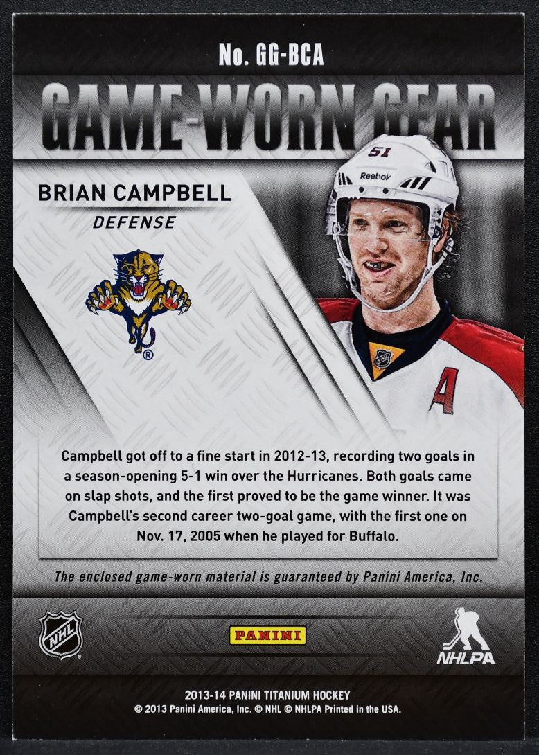 2013-14 Panini Titanium Game Worn Gear Brian Campbell Panthers Jersey 2585