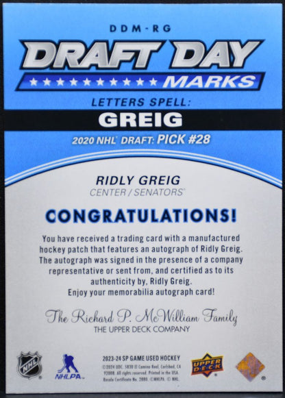 2023-24 SP Game Used Draft Day Marks Ridly Greig Senators RC Auto 25/35 5417