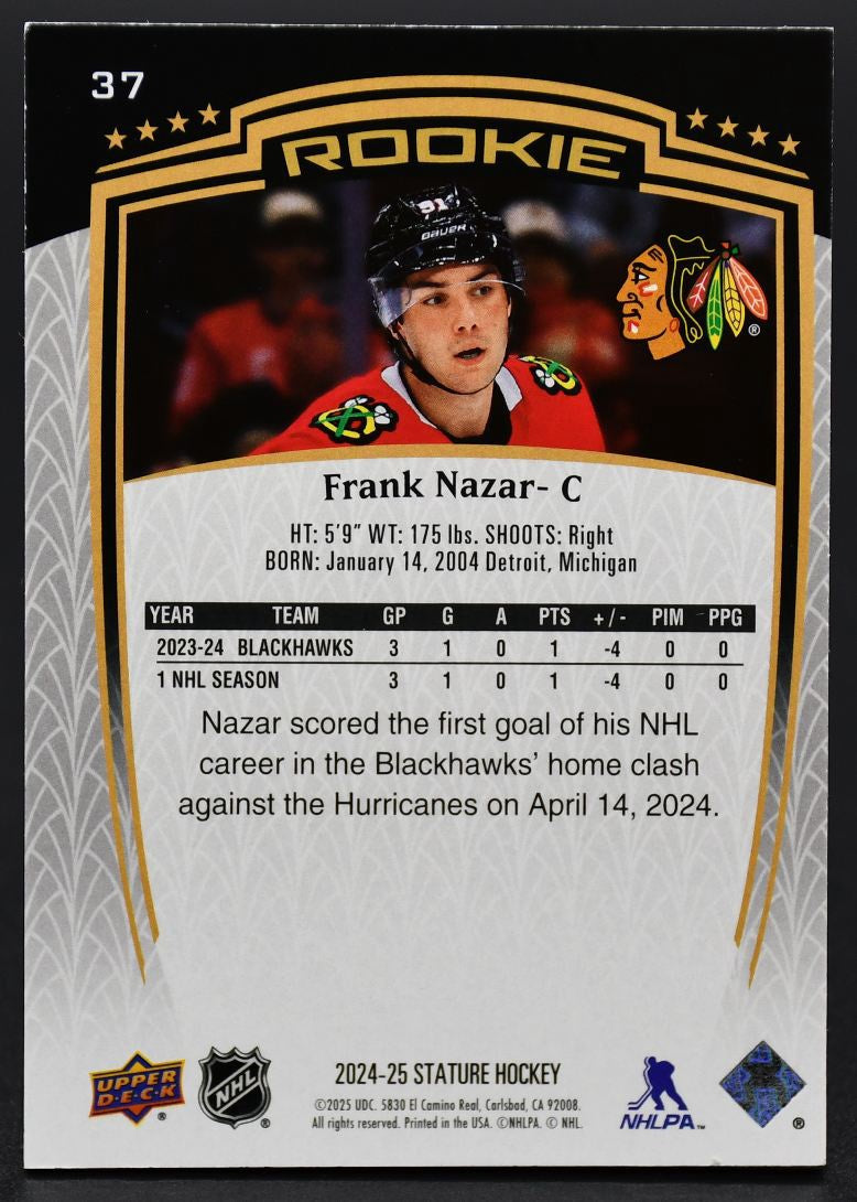 2024-25 UD Stature Frank Nazar 37 Chicago Blackhawks RC 765/999
