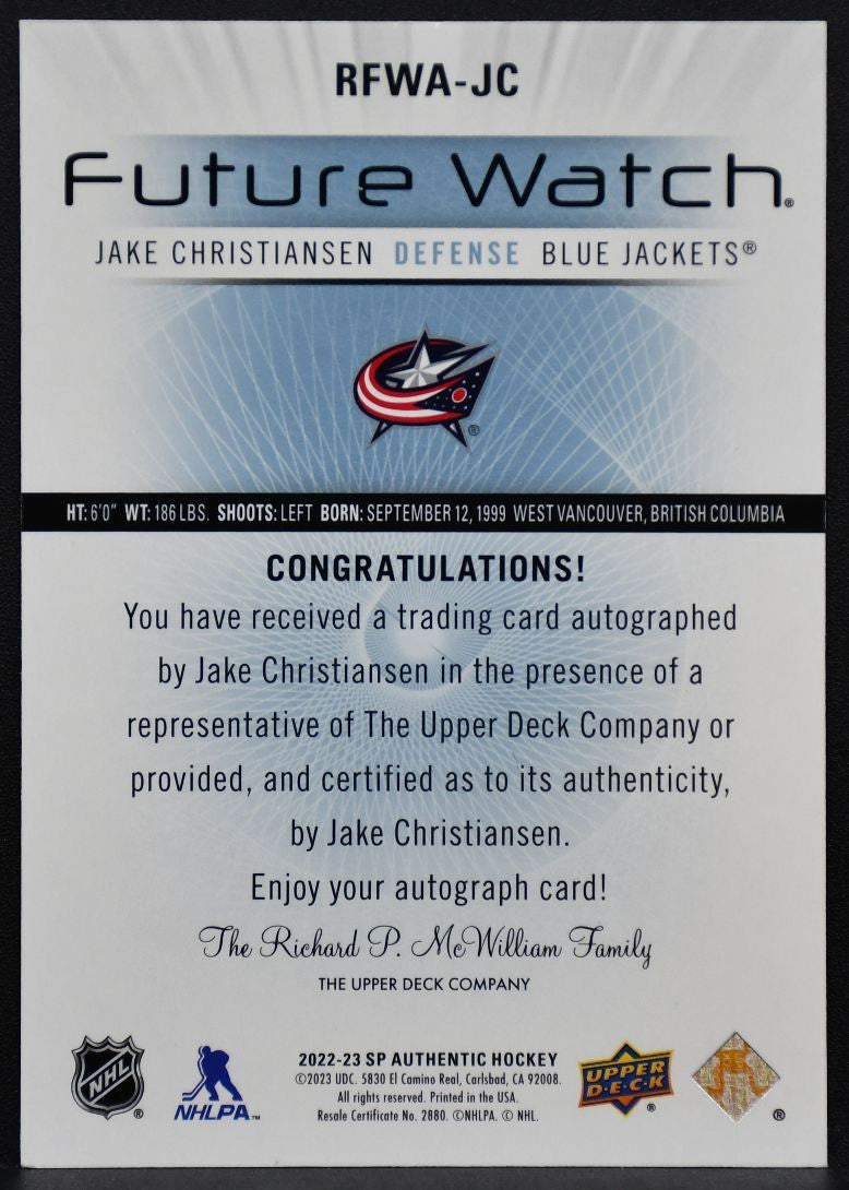 2022-23 SP Authentic 12-13 Retro Christiansen Blue Jackets RC Auto 380/699 9185