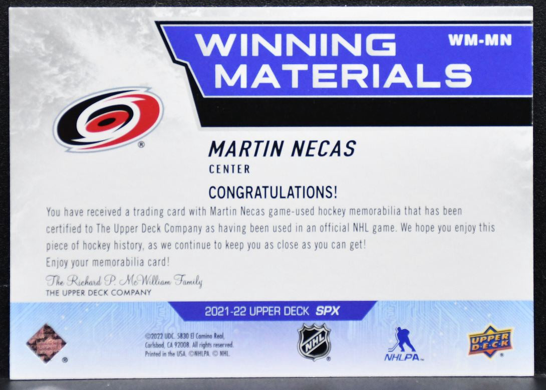 2021-22 SPx Winning Materials Martin Necas WM-MN Carolina Hurricanes Jersey 7850