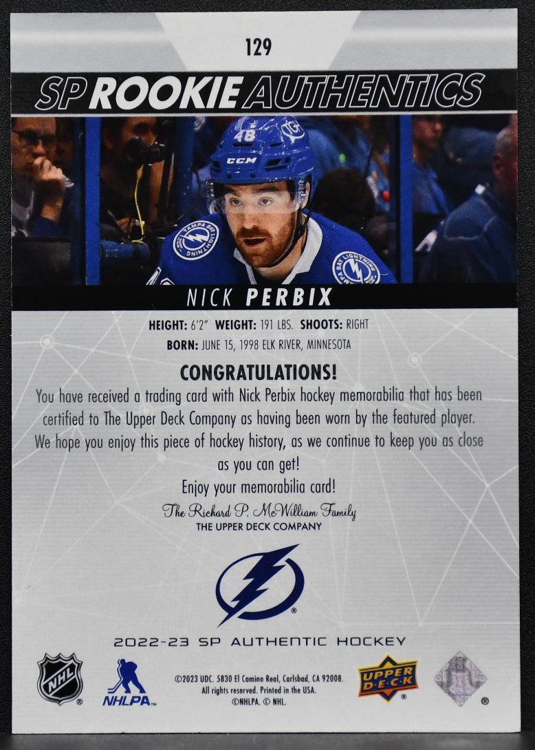 2022-23 SP Rookie Authentics Nick Perbix 129 Tampa Bay Lightning RC Jersey 7673