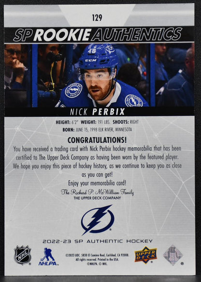 2022-23 SP Rookie Authentics Nick Perbix 129 Tampa Bay Lightning RC Jersey 7673