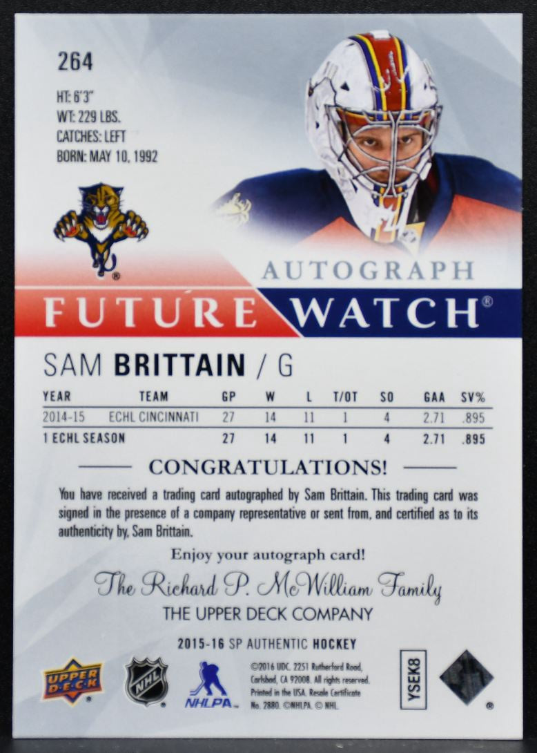 2015-16 SP Authentic Future Watch Auto Sam Brittain RC Auto 564/999 3265