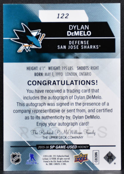 2015-16 SP Game Used Authentic Rookies Auto Dylan DeMelo 122 Sharks RC Auto 4125