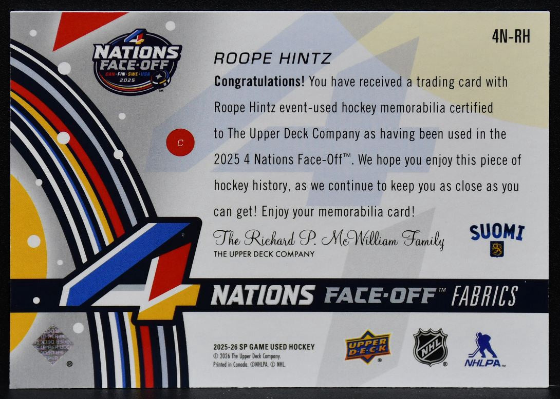 2025-26 SP Game Used 4 Nations Face Off Fabrics Hintz 4N-RH Finland Jersey 3060