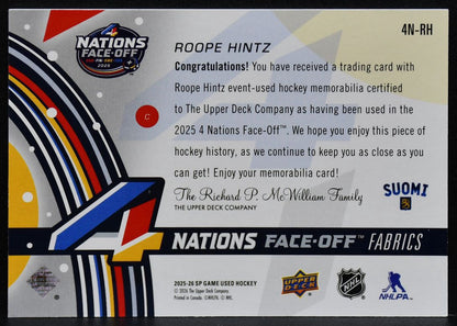 2025-26 SP Game Used 4 Nations Face Off Fabrics Hintz 4N-RH Finland Jersey 3060
