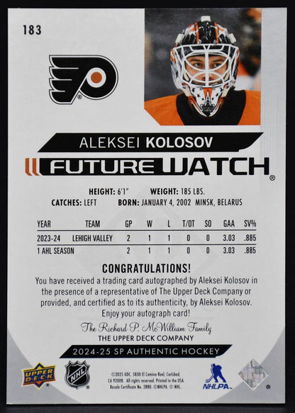 2024-25 SP Authentic Future Watch Auto Aleksei Kolosov 183 RC Auto 958/999