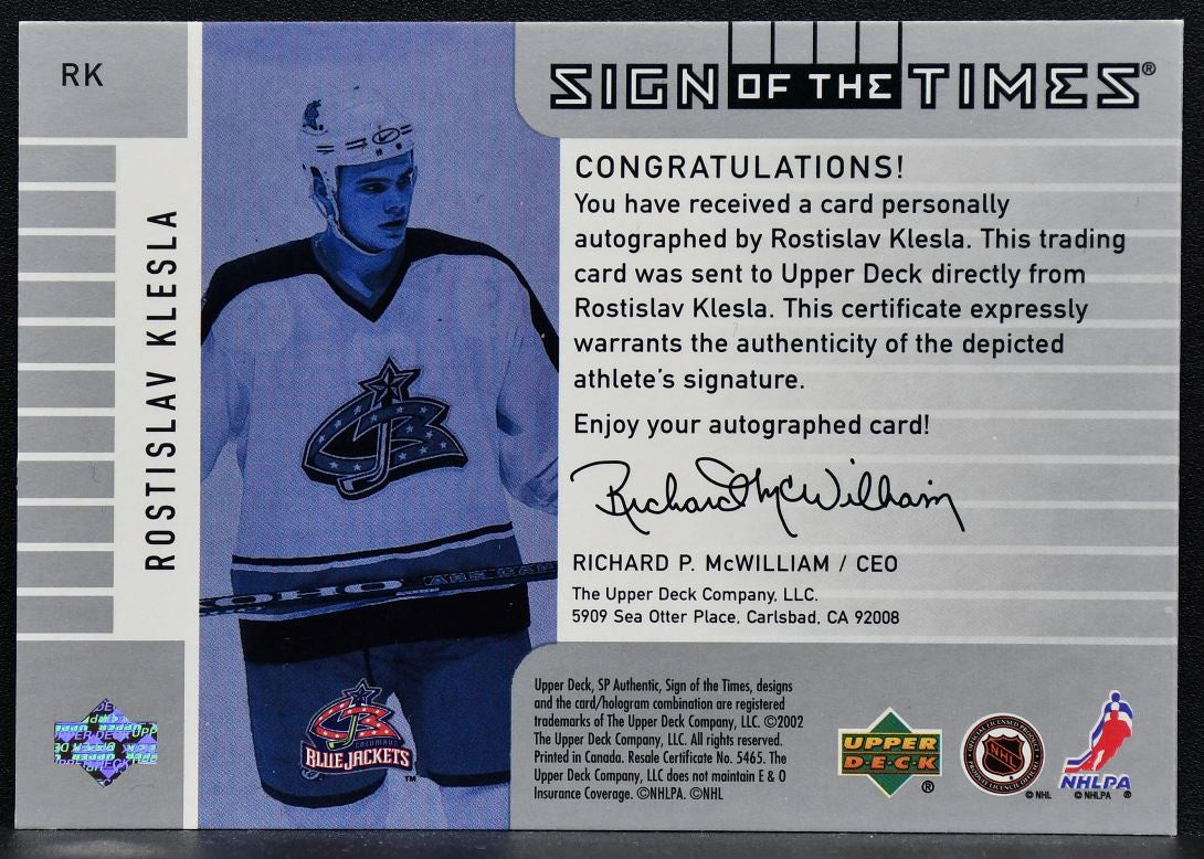 2002-03 SP Authentic Sign of the Times Rostislav Klesla RK Auto 4433