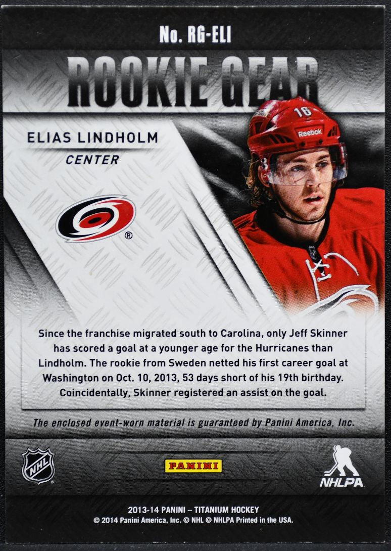 2013-14 Panini Titanium Rookie Gear Jersey Elias Lindholm RG-ELI RC Jersey 8403