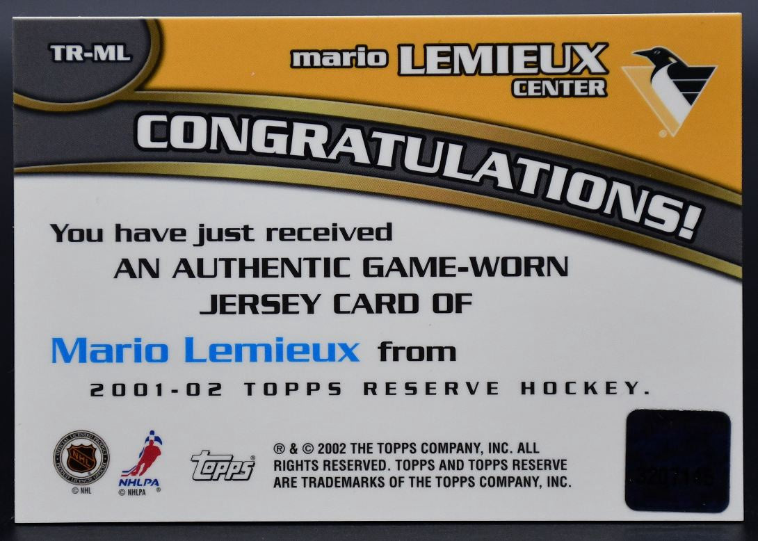 2001-02 Topps Reserve Jersey Relic Mario Lemieux TR-ML Jersey