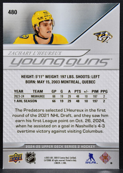 2024-25 Upper Deck Series 2 Young Guns Zachary L'Heureux 480 Predators RC 4032