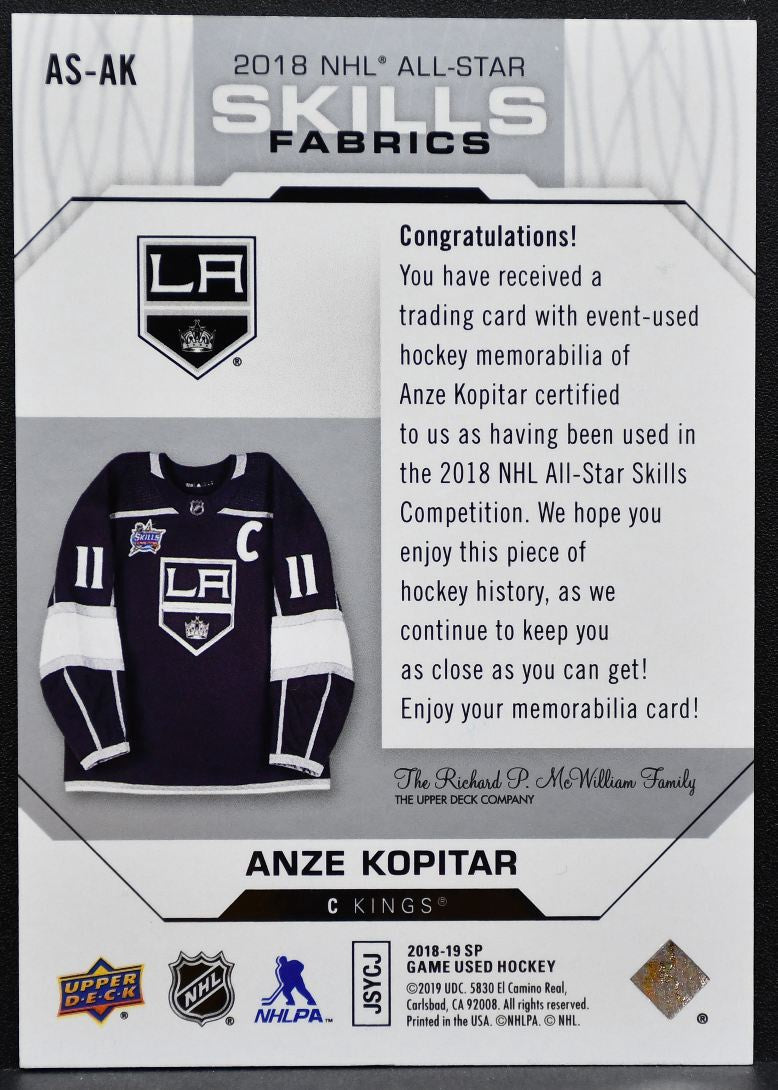 2018-19 SP Game Used 2018 NHL All-Star Skills Fabrics Anze Kopitar Jersey 9985