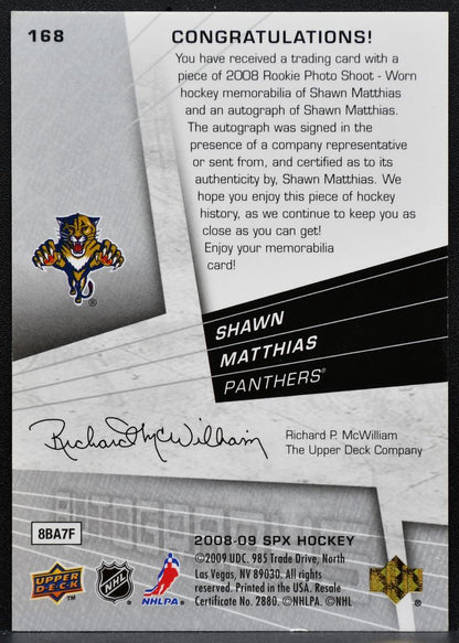 2008-09 SPx Rookie Auto Jersey Shawn Matthias 168 Florida Panthers RC Auto 5821
