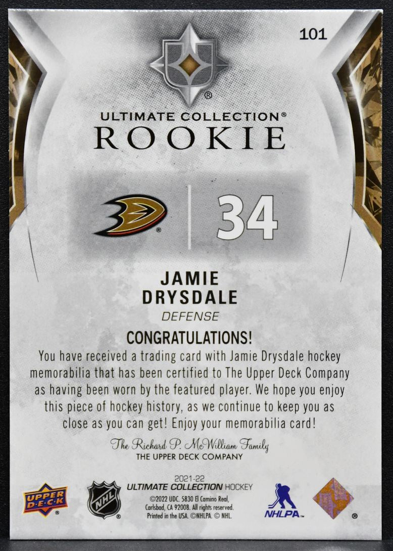 2021-22 UD Ultimate Collection Rookies Jamie Drysdale Ducks RC Jersey 6319