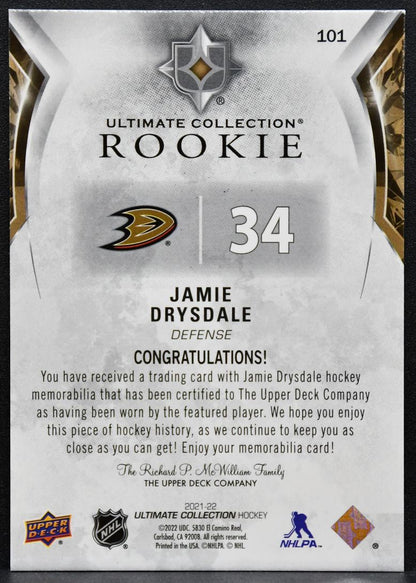2021-22 UD Ultimate Collection Rookies Jamie Drysdale Ducks RC Jersey 6319