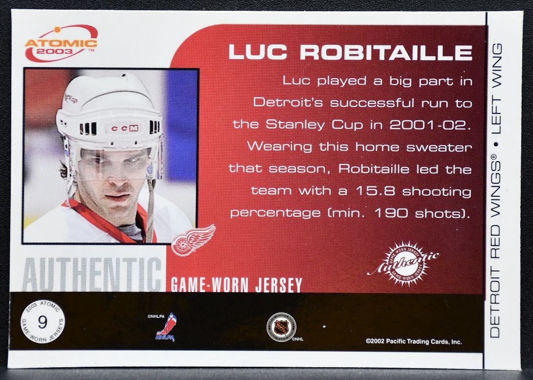 2002-03 Pacific Atomic Jersey Red Luc Robitaille 9 Detroit Red Wings Jersey 0042