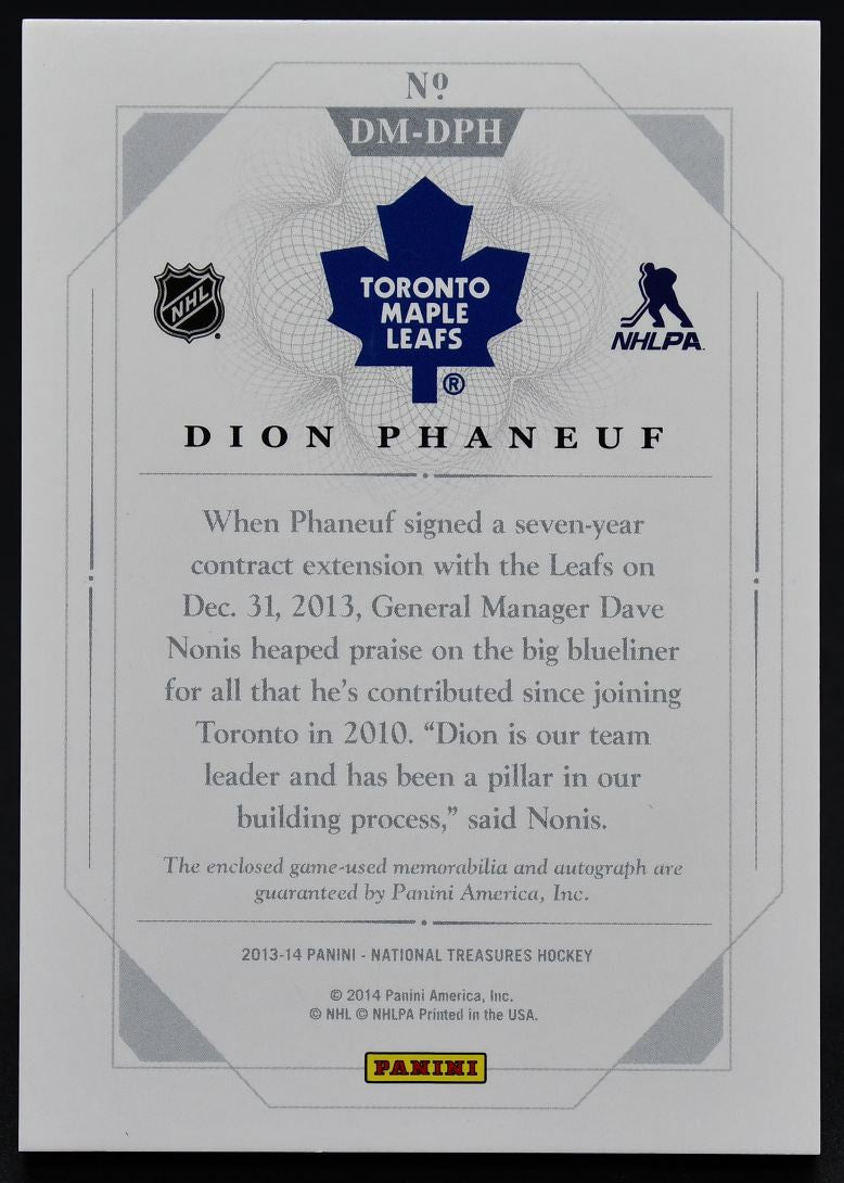 2013-14 Panini National Treasures Dual Mem Dion Phaneuf DM-DPH Auto Jersey